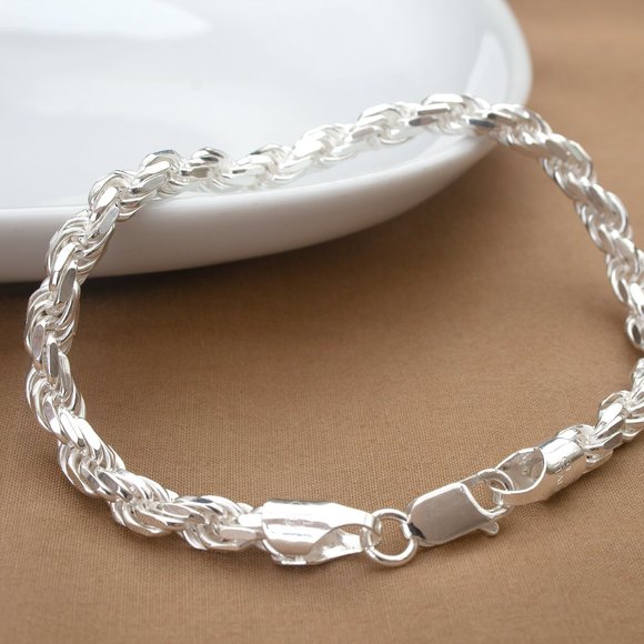 New Solid Sterling Silver Rope Bracelet, Stamped 925 Italy, Bracelet For Men - Picture 5 of 7